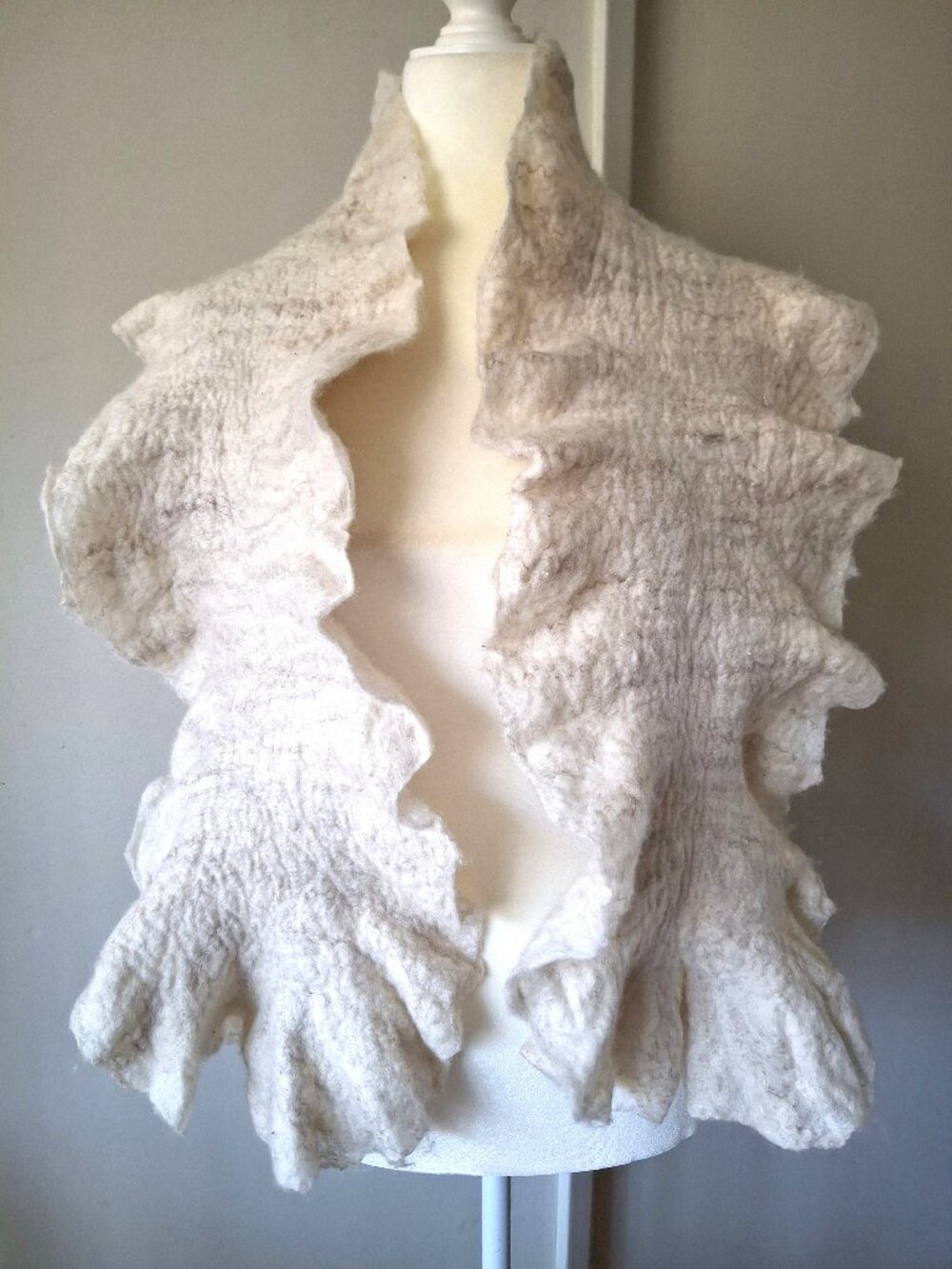 Supermaggie Handmade Felted Merino Wool Flax Ruffle Scarf Wrap Wearable Art USA